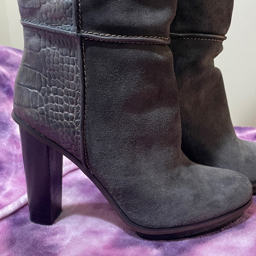 BCBGMAXAZRIA Richelle knee-high boots grayish-brown suede faux crocodile leather